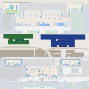 Inside the modern Terminal 2 of Da Nang International Airport highlighting the layout for international departures and arrivals counters.